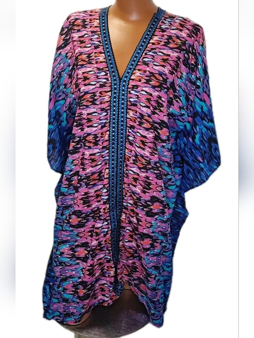 Miraclesuit Tasseled Caftan Beach Resort Swim Cover-up Colorful Watercolors O/S